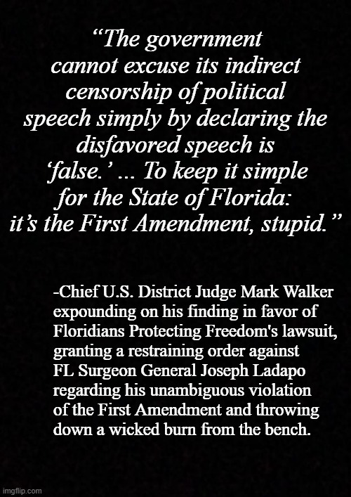 In other other news... | “The government cannot excuse its indirect censorship of political speech simply by declaring the disfavored speech is ‘false.’ ... To keep it simple for the State of Florida: it’s the First Amendment, stupid.”; -Chief U.S. District Judge Mark Walker
expounding on his finding in favor of
Floridians Protecting Freedom's lawsuit,
granting a restraining order against
FL Surgeon General Joseph Ladapo
regarding his unambiguous violation
of the First Amendment and throwing
down a wicked burn from the bench. | image tagged in blank,first amendment,florida man week | made w/ Imgflip meme maker