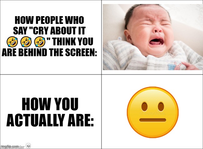 Or in my case, laughing from how stupid they are, thinking they automatically won the argument | HOW PEOPLE WHO SAY "CRY ABOUT IT 🤣🤣🤣" THINK YOU ARE BEHIND THE SCREEN:; HOW YOU ACTUALLY ARE: | image tagged in 4 panel comic,memes,cry about it,lol | made w/ Imgflip meme maker