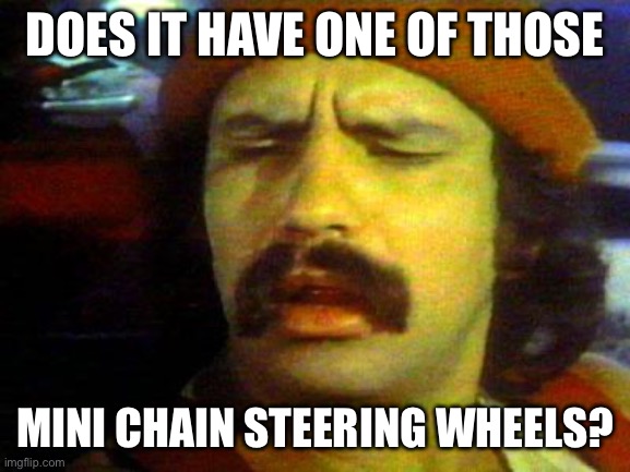 cheech | DOES IT HAVE ONE OF THOSE MINI CHAIN STEERING WHEELS? | image tagged in cheech | made w/ Imgflip meme maker