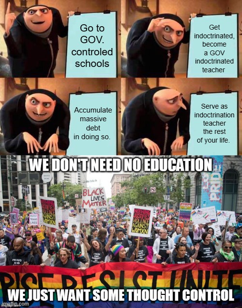 Get indoctrinated, become a GOV indoctrinated teacher; Go to GOV. controled schools; Accumulate massive debt in doing so. Serve as indoctrination teacher the rest of your life. | image tagged in memes,gru's plan | made w/ Imgflip meme maker