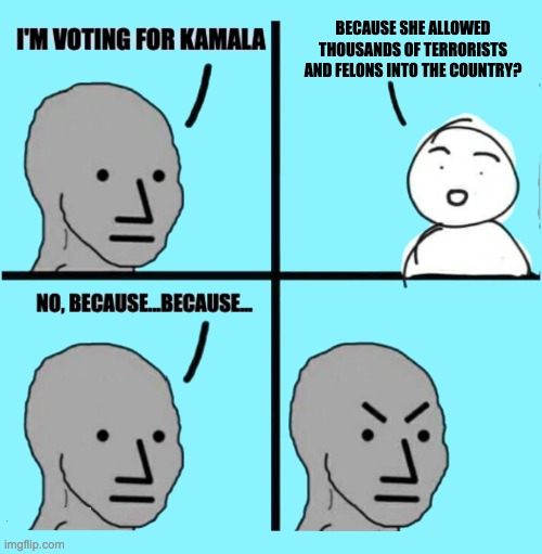 Zero Accomplishments for Americans | BECAUSE SHE ALLOWED THOUSANDS OF TERRORISTS AND FELONS INTO THE COUNTRY? | image tagged in i'm voting for kamala,kamala fail | made w/ Imgflip meme maker