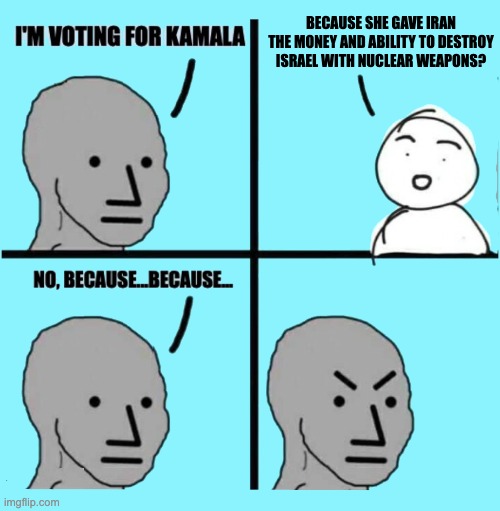 WAKE UP, AMERICANS | BECAUSE SHE GAVE IRAN THE MONEY AND ABILITY TO DESTROY ISRAEL WITH NUCLEAR WEAPONS? | image tagged in i'm voting for kamala | made w/ Imgflip meme maker