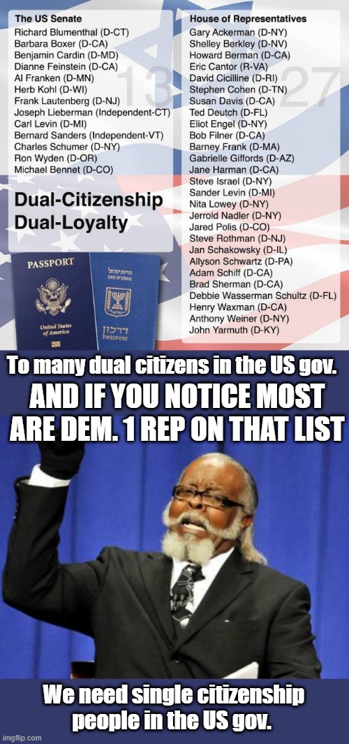 And you wonder why the US is Israels bank ? To easy for um to cut & run if need becomes necessary | To many dual citizens in the US gov. AND IF YOU NOTICE MOST ARE DEM. 1 REP ON THAT LIST; We need single citizenship people in the US gov. | image tagged in memes,too damn high | made w/ Imgflip meme maker