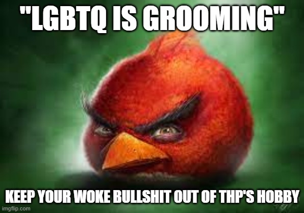 Realistic Red Angry Birds | "LGBTQ IS GROOMING"; KEEP YOUR WOKE BULLSHIT OUT OF THP'S HOBBY | image tagged in realistic red angry birds | made w/ Imgflip meme maker