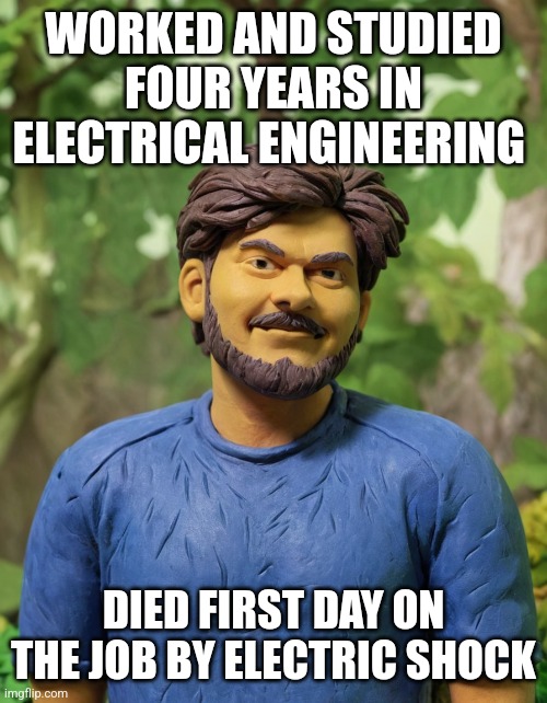 Who cares? | WORKED AND STUDIED FOUR YEARS IN ELECTRICAL ENGINEERING; DIED FIRST DAY ON THE JOB BY ELECTRIC SHOCK | image tagged in carefree dude,disappointed,memes | made w/ Imgflip meme maker