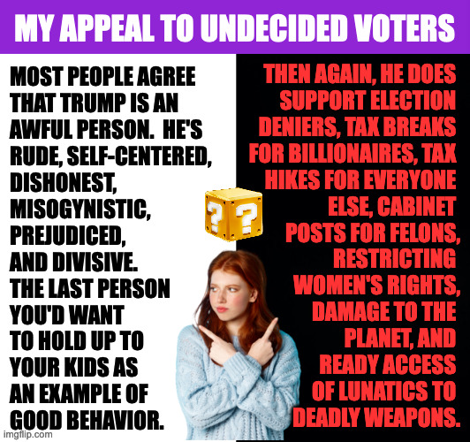 I don't envy you. | MY APPEAL TO UNDECIDED VOTERS; THEN AGAIN, HE DOES 
SUPPORT ELECTION 
DENIERS, TAX BREAKS 
FOR BILLIONAIRES, TAX 
HIKES FOR EVERYONE 
ELSE, CABINET 
POSTS FOR FELONS,
RESTRICTING 
WOMEN'S RIGHTS,
DAMAGE TO THE 
PLANET, AND 
READY ACCESS 
OF LUNATICS TO 
DEADLY WEAPONS. MOST PEOPLE AGREE 
THAT TRUMP IS AN 
AWFUL PERSON.  HE'S 
RUDE, SELF-CENTERED,
DISHONEST,
MISOGYNISTIC,
PREJUDICED,
AND DIVISIVE. 
THE LAST PERSON 
YOU'D WANT 
TO HOLD UP TO 
YOUR KIDS AS 
AN EXAMPLE OF 
GOOD BEHAVIOR. | image tagged in memes,undecided | made w/ Imgflip meme maker