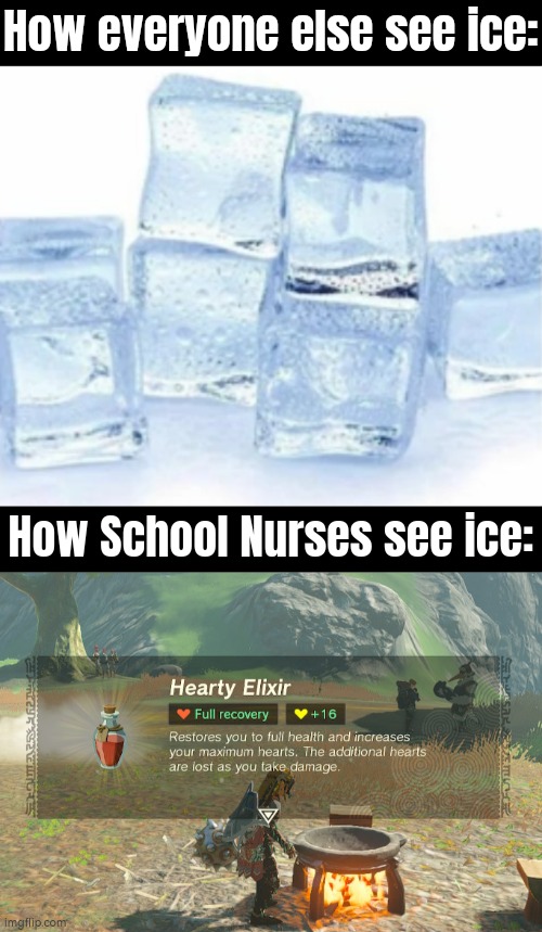 Sometimes I'm not sure if the School Nurses are cold-blooded or not. | How everyone else see ice:; How School Nurses see ice: | image tagged in memes,funny,school nurse,ice | made w/ Imgflip meme maker