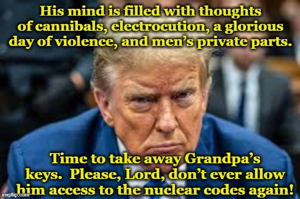 Demented Don in Cognitive Decline | His mind is filled with thoughts of cannibals, electrocution, a glorious day of violence, and men’s private parts. Time to take away Grandpa’s keys.  Please, Lord, don’t ever allow him access to the nuclear codes again! | image tagged in nevertrump,donald trump is an idiot,trump,presidential race,aging,trump is a moron | made w/ Imgflip meme maker