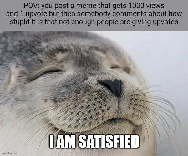 Satisfied Seal | POV: you post a meme that gets 1000 views and 1 upvote but then somebody comments about how stupid it is that not enough people are giving upvotes; I AM SATISFIED | image tagged in memes,satisfied seal | made w/ Imgflip meme maker