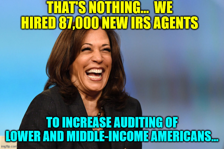 Kamala Harris laughing | THAT'S NOTHING...  WE HIRED 87,000 NEW IRS AGENTS TO INCREASE AUDITING OF LOWER AND MIDDLE-INCOME AMERICANS... | image tagged in kamala harris laughing | made w/ Imgflip meme maker