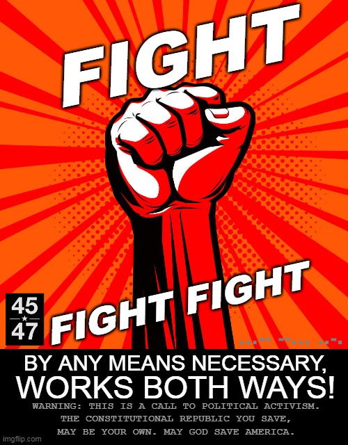 By Any Means Necessary | FIGHT; FIGHT FIGHT; BY ANY MEANS NECESSARY, WORKS BOTH WAYS! WARNING: THIS IS A CALL TO POLITICAL ACTIVISM.
THE CONSTITUTIONAL REPUBLIC YOU SAVE,
MAY BE YOUR OWN. MAY GOD SAVE AMERICA. | image tagged in fight fight fight | made w/ Imgflip meme maker