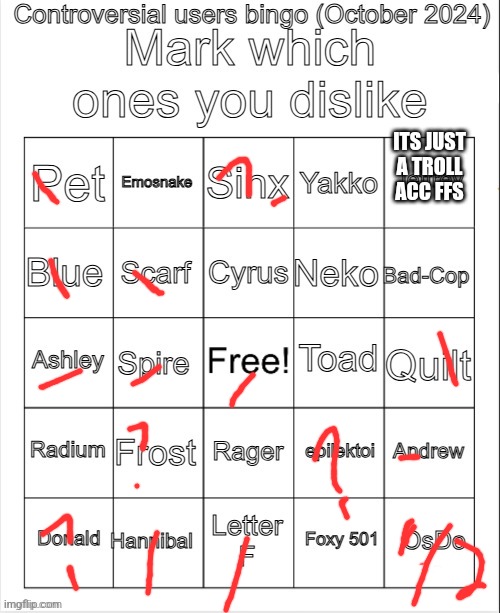 What did the others do??? | ITS JUST A TROLL ACC FFS | image tagged in controversial users bingo october 2024 by neko | made w/ Imgflip meme maker