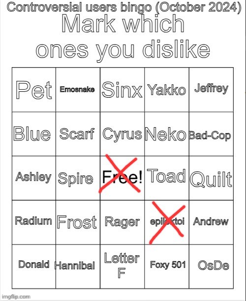 Controversial users bingo (October 2024) by Neko | image tagged in controversial users bingo october 2024 by neko | made w/ Imgflip meme maker