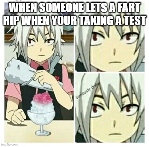 Beyblade | WHEN SOMEONE LETS A FART RIP WHEN YOUR TAKING A TEST | image tagged in beyblade burst seriously dude | made w/ Imgflip meme maker