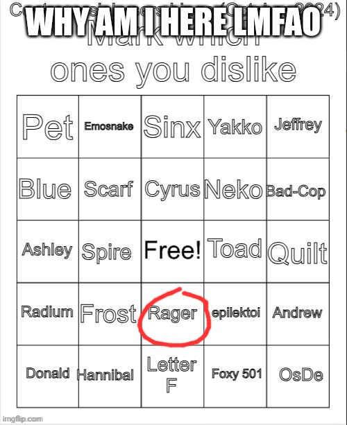 Controversial users bingo (October 2024) by Neko | WHY AM I HERE LMFAO | image tagged in controversial users bingo october 2024 by neko | made w/ Imgflip meme maker