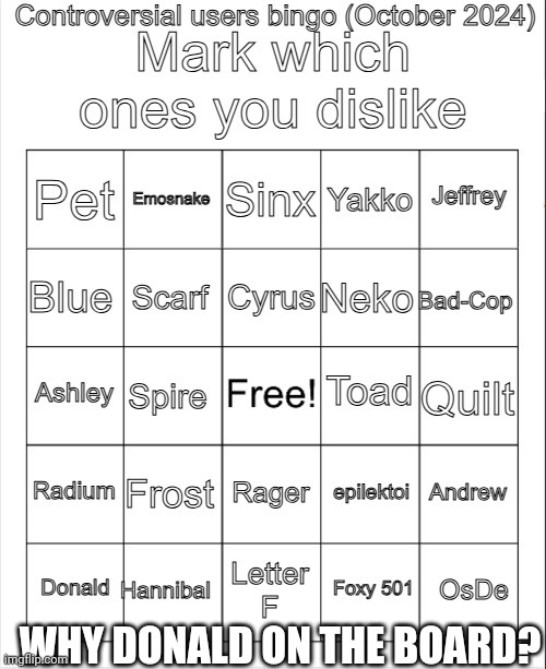 Along with epik and emosnake | WHY DONALD ON THE BOARD? | image tagged in controversial users bingo october 2024 by neko | made w/ Imgflip meme maker