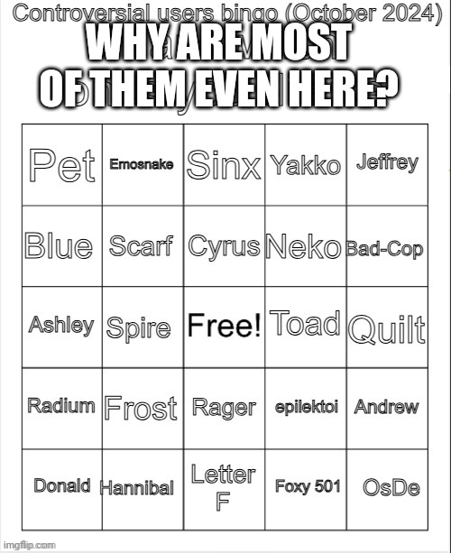 Controversial users bingo (October 2024) by Neko | WHY ARE MOST OF THEM EVEN HERE? | image tagged in controversial users bingo october 2024 by neko | made w/ Imgflip meme maker