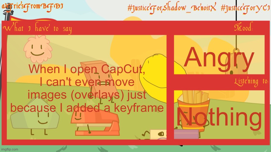 Fries' 10th Announcement Template | When I open CapCut, I can't even move images (overlays) just because I added a keyframe; Angry; Nothing | image tagged in fries' 10th announcement template | made w/ Imgflip meme maker
