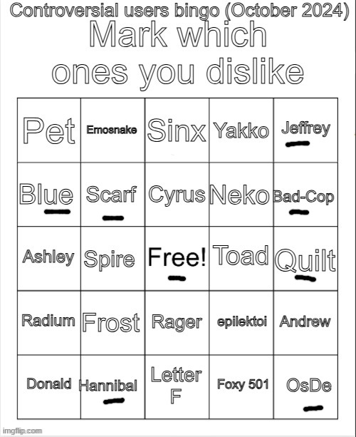 Idk all of them tbh | image tagged in controversial users bingo october 2024 by neko | made w/ Imgflip meme maker