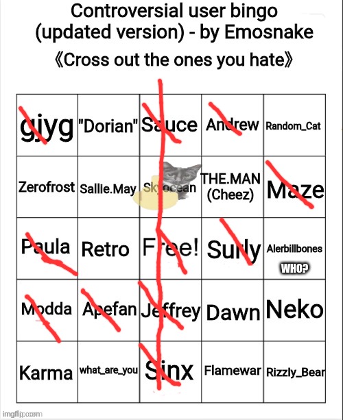 Bingo | WHO? | image tagged in controversial user bingo updated version - by emosnake | made w/ Imgflip meme maker