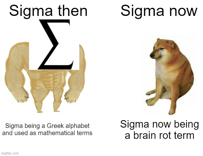 How did we turn a Greek alphabet used for Math into brainrot? | Sigma then; Sigma now; Sigma being a Greek alphabet and used as mathematical terms; Sigma now being a brain rot term | image tagged in memes,buff doge vs cheems,brainrot | made w/ Imgflip meme maker