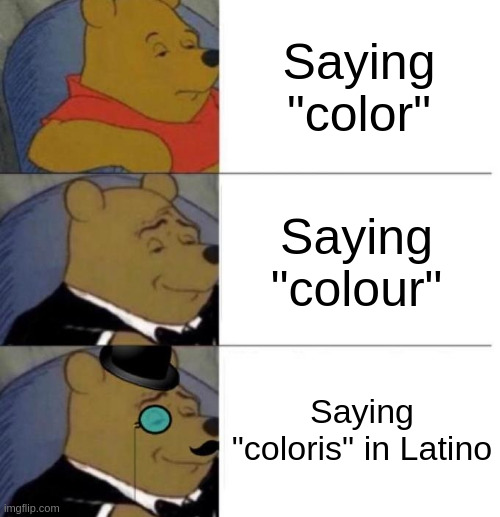 Tuxedo Winnie the Pooh (3 panel) | Saying "color" Saying "colour" Saying "coloris" in Latino | image tagged in tuxedo winnie the pooh 3 panel | made w/ Imgflip meme maker