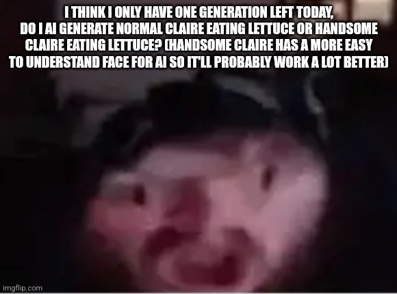 Brainlet Caseoh | I THINK I ONLY HAVE ONE GENERATION LEFT TODAY, DO I AI GENERATE NORMAL CLAIRE EATING LETTUCE OR HANDSOME CLAIRE EATING LETTUCE? (HANDSOME CLAIRE HAS A MORE EASY TO UNDERSTAND FACE FOR AI SO IT'LL PROBABLY WORK A LOT BETTER) | image tagged in brainlet caseoh | made w/ Imgflip meme maker
