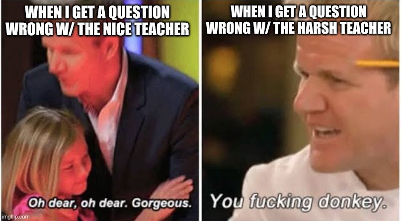 Gordon Ramsay kids vs adults | WHEN I GET A QUESTION WRONG W/ THE NICE TEACHER; WHEN I GET A QUESTION WRONG W/ THE HARSH TEACHER | image tagged in gordon ramsay kids vs adults | made w/ Imgflip meme maker