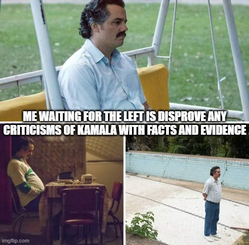 Sad Pablo Escobar Meme | ME WAITING FOR THE LEFT IS DISPROVE ANY CRITICISMS OF KAMALA WITH FACTS AND EVIDENCE | image tagged in memes,sad pablo escobar | made w/ Imgflip meme maker