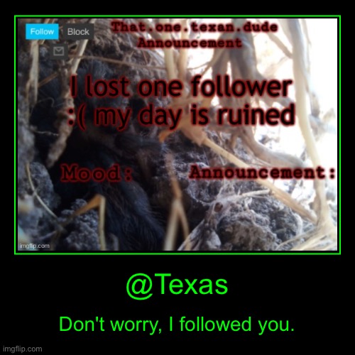 @Texas | Don't worry, I followed you. | image tagged in funny,demotivationals | made w/ Imgflip demotivational maker