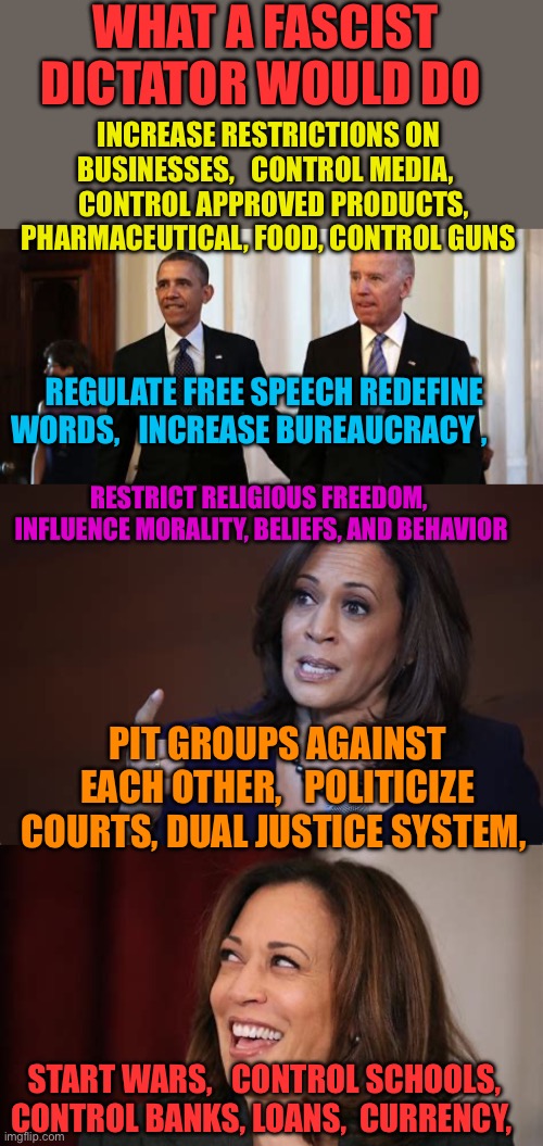 Democrats and Kamala use projection once again | WHAT A FASCIST DICTATOR WOULD DO; INCREASE RESTRICTIONS ON BUSINESSES,   CONTROL MEDIA,    CONTROL APPROVED PRODUCTS, PHARMACEUTICAL, FOOD, CONTROL GUNS; REGULATE FREE SPEECH REDEFINE WORDS,   INCREASE BUREAUCRACY , RESTRICT RELIGIOUS FREEDOM,   INFLUENCE MORALITY, BELIEFS, AND BEHAVIOR; PIT GROUPS AGAINST EACH OTHER,   POLITICIZE COURTS, DUAL JUSTICE SYSTEM, START WARS,   CONTROL SCHOOLS, CONTROL BANKS, LOANS,  CURRENCY, | image tagged in gifs,democrats,dictator,fascists,kamala harris,obama | made w/ Imgflip meme maker