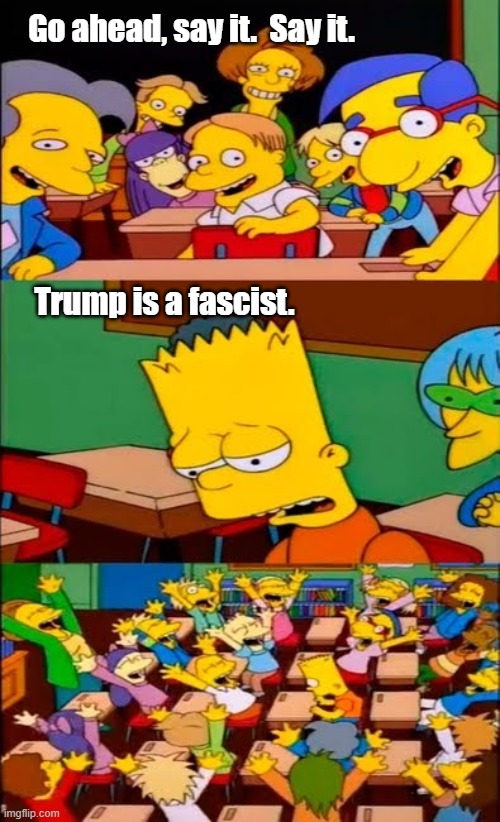 say the line bart! simpsons | Go ahead, say it.  Say it. Trump is a fascist. | image tagged in say the line bart simpsons | made w/ Imgflip meme maker