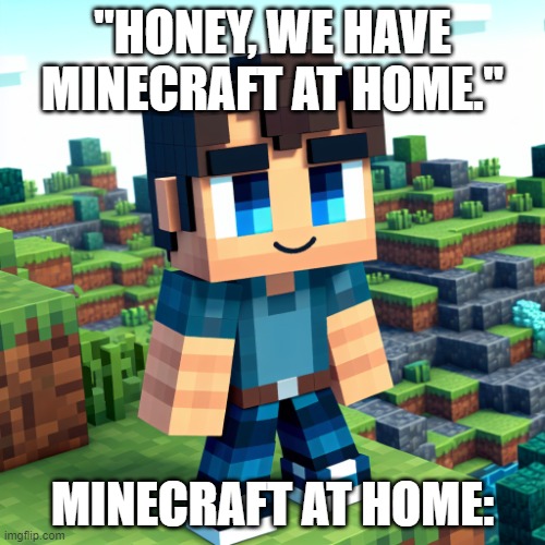 Minecraft Steve | "HONEY, WE HAVE MINECRAFT AT HOME."; MINECRAFT AT HOME: | image tagged in minecraft steve | made w/ Imgflip meme maker