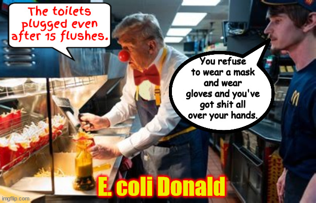 E.coli Donald | The toilets plugged even after 15 flushes. You refuse to wear a mask and wear gloves and you've got shit all over your hands. E. coli Donald | image tagged in donold mcronald,15 flushes,shitty food,maga microbes,e coil donald,big mac attack of e coli | made w/ Imgflip meme maker