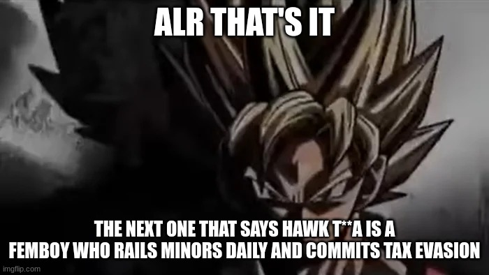 Goku Staring | ALR THAT'S IT; THE NEXT ONE THAT SAYS HAWK T**A IS A FEMBOY WHO RAILS MINORS DAILY AND COMMITS TAX EVASION | image tagged in goku staring | made w/ Imgflip meme maker