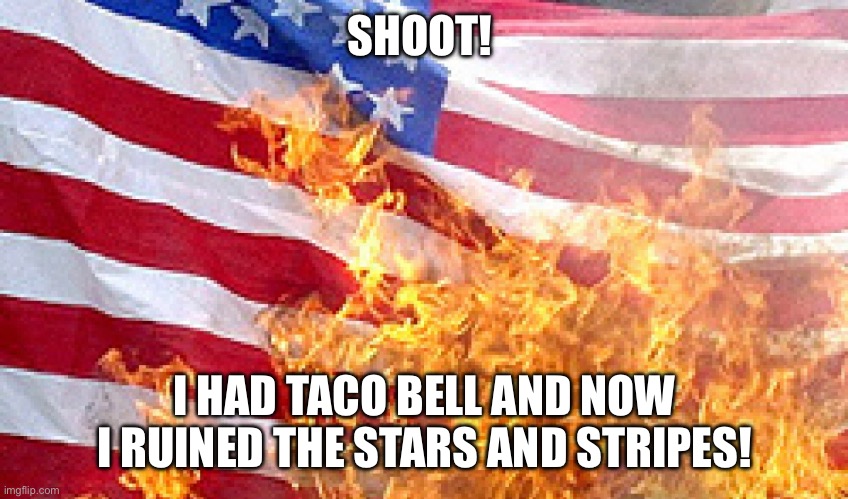 Me after Taco Bell | SHOOT! I HAD TACO BELL AND NOW I RUINED THE STARS AND STRIPES! | image tagged in burning flag | made w/ Imgflip meme maker