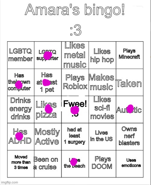 Amara's bingo | image tagged in amara's bingo | made w/ Imgflip meme maker