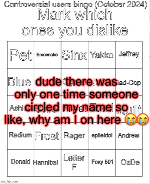 it was lala (an opp for some reason) | dude there was only one time someone circled my name so like, why am I on here 😭😭 | made w/ Imgflip meme maker