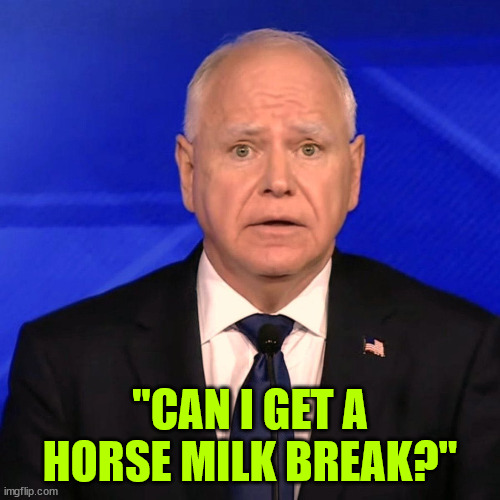 Tim Walz Debate 2024 | "CAN I GET A HORSE MILK BREAK?" | image tagged in tim walz debate 2024 | made w/ Imgflip meme maker