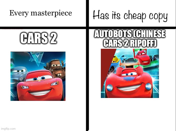 Cars 2 from Temu: | AUTOBOTS (CHINESE CARS 2 RIPOFF); CARS 2 | image tagged in every masterpiece has its cheap copy,memes,cars,pixar,disney,autobots | made w/ Imgflip meme maker