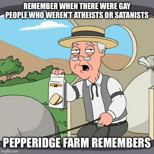 *on imgflip | REMEMBER WHEN THERE WERE GAY PEOPLE WHO WEREN’T ATHEISTS OR SATANISTS; PEPPERIDGE FARM REMEMBERS | image tagged in memes,pepperidge farm remembers | made w/ Imgflip meme maker