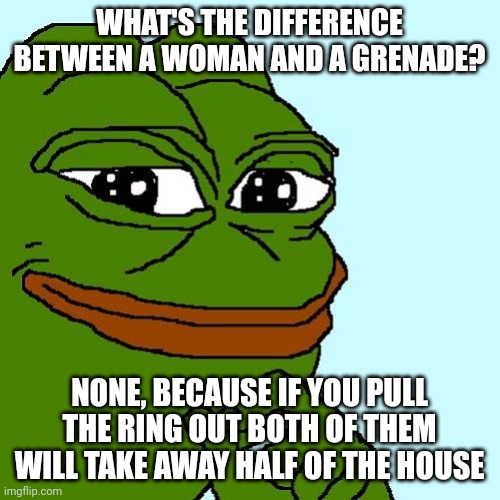 pepe | WHAT'S THE DIFFERENCE BETWEEN A WOMAN AND A GRENADE? NONE, BECAUSE IF YOU PULL THE RING OUT BOTH OF THEM WILL TAKE AWAY HALF OF THE HOUSE | image tagged in pepe | made w/ Imgflip meme maker