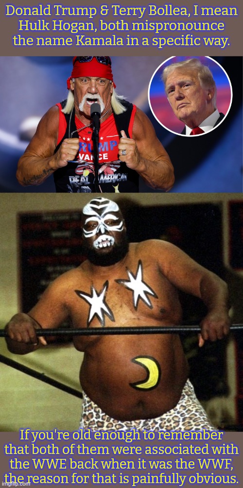 A disgusting African stereotype portrayed by an American. | Donald Trump & Terry Bollea, I mean
Hulk Hogan, both mispronounce the name Kamala in a specific way. If you're old enough to remember that both of them were associated with
the WWE back when it was the WWF, the reason for that is painfully obvious. | image tagged in kayfabe trump hulk hogan,kamala,passive aggressive racism,presidential race,pro wrestling,cannibal | made w/ Imgflip meme maker