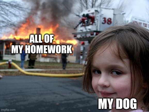 Disaster Girl | ALL OF MY HOMEWORK; MY DOG | image tagged in memes,disaster girl,homework | made w/ Imgflip meme maker