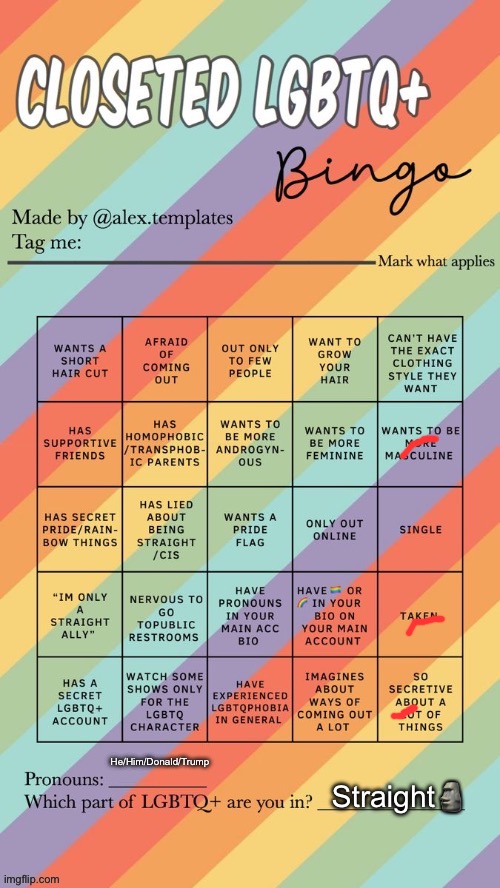 Closeted LGBTQ+ Bingo | He/Him/Donald/Trump; Straight🗿 | image tagged in closeted lgbtq bingo | made w/ Imgflip meme maker