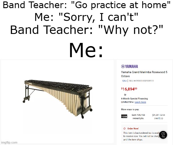 Why I can't practice at home | Band Teacher: "Go practice at home"; Me: "Sorry, I can't"; Band Teacher: "Why not?"; Me: | made w/ Imgflip meme maker