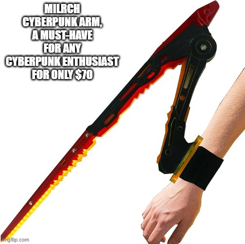 memes by Brad - Milrch Cyberpunk Arm for cyberpunk enthusiast, $70 | MILRCH CYBERPUNK ARM, A MUST-HAVE FOR ANY CYBERPUNK ENTHUSIAST FOR ONLY $70 | image tagged in funny,gaming,pc gaming,cyberpunk,arm,computer | made w/ Imgflip meme maker