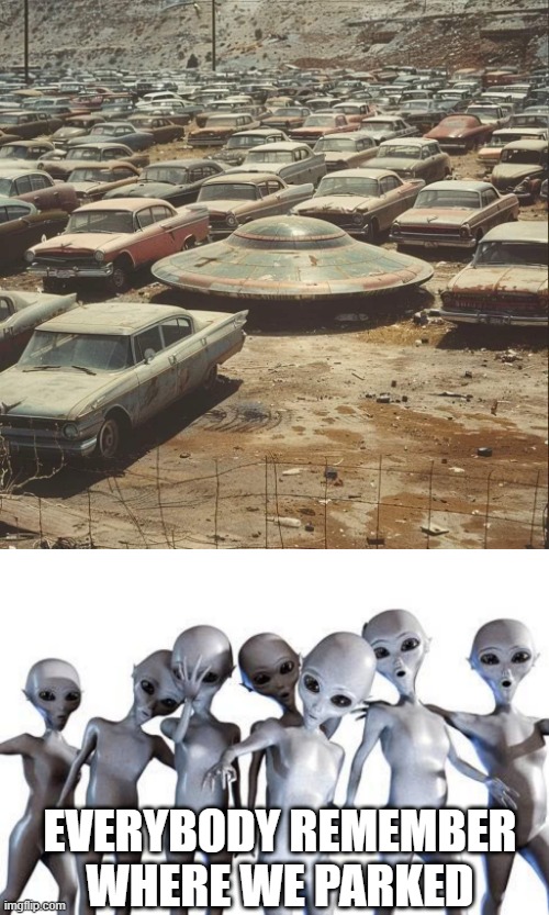 Where'd They Park? | EVERYBODY REMEMBER WHERE WE PARKED | image tagged in me n the boys after area 51 | made w/ Imgflip meme maker