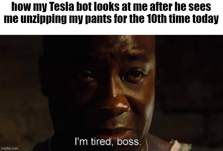 poor robots | how my Tesla bot looks at me after he sees me unzipping my pants for the 10th time today | image tagged in i'm tired boss | made w/ Imgflip meme maker