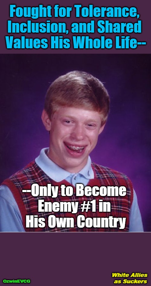 2 WA AS 2 | Fought for Tolerance, 

Inclusion, and Shared 

Values His Whole Life--; --Only to Become 

Enemy #1 in 

His Own Country; White Allies 

as Suckers; OzwinEVCG | image tagged in memes,bad luck brian,antiwhite,double standard,clown world,invasion of the mind snatchers | made w/ Imgflip meme maker